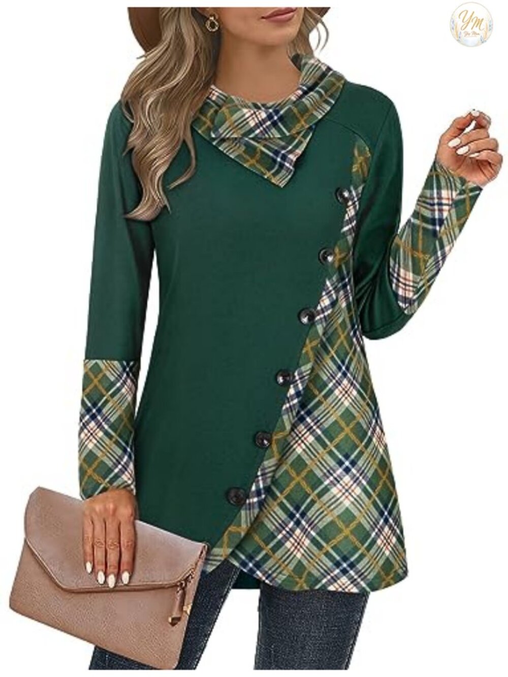 Cowl Neck Plaid Tunic Top Asymmetrical Long Sleeve Blouse
